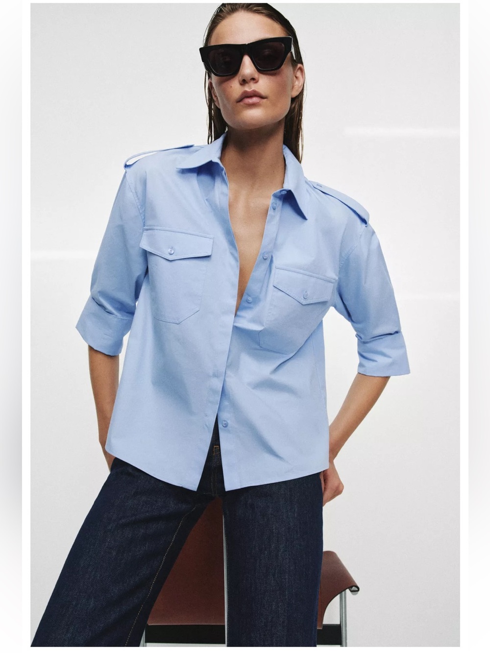 Zara Poplin Light Blue Utility Shirt